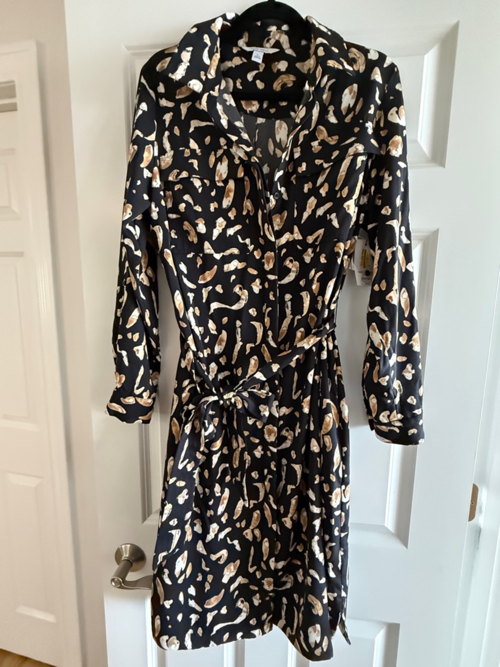 Nine West Black Long-Sleeve Shirt Dress with Tan & Cream Print